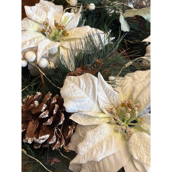 Set of 2 Handmade 19” Poinsettia Winter Wreaths with Greenery Wire Backs - Picture 3 of 10